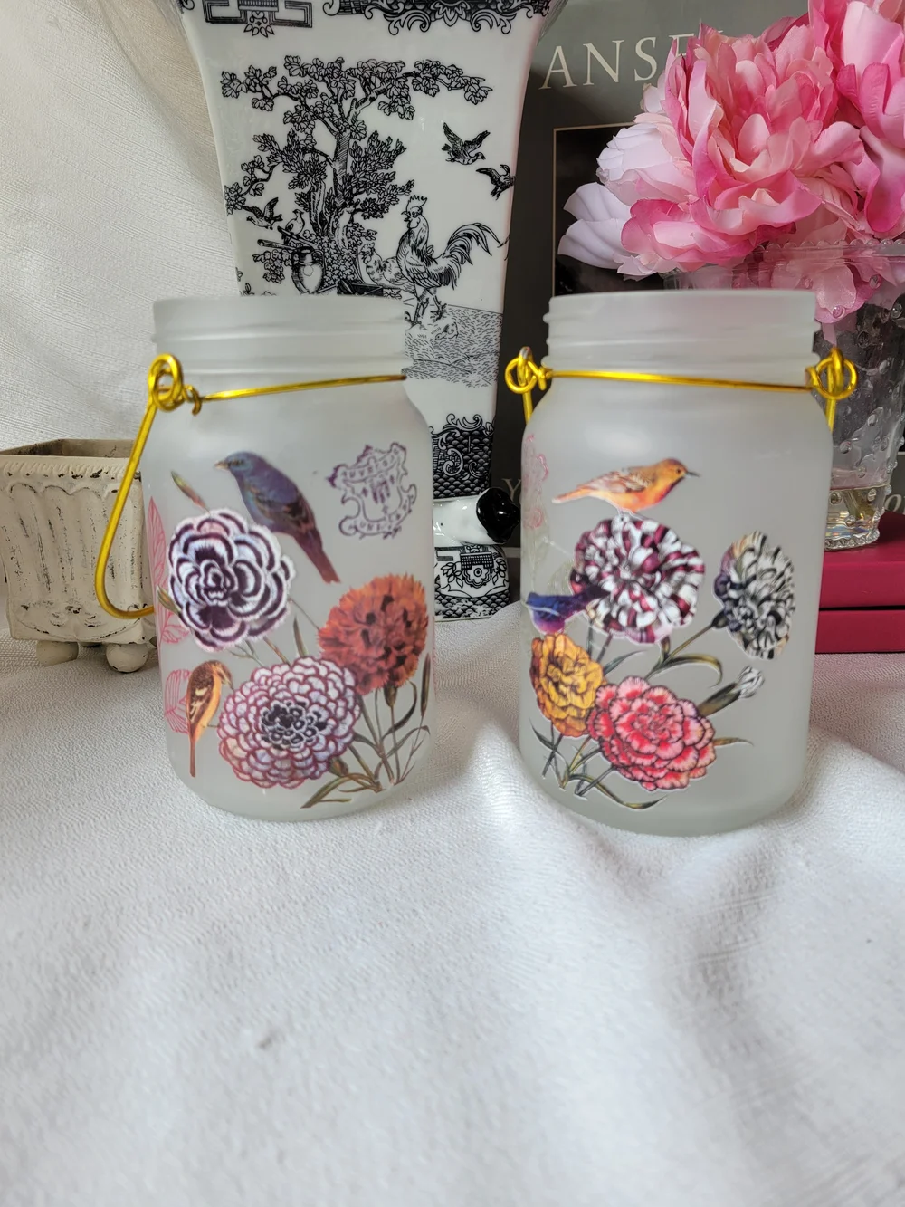 Frosted Glass Jar Fairy Light Holders with Flowers